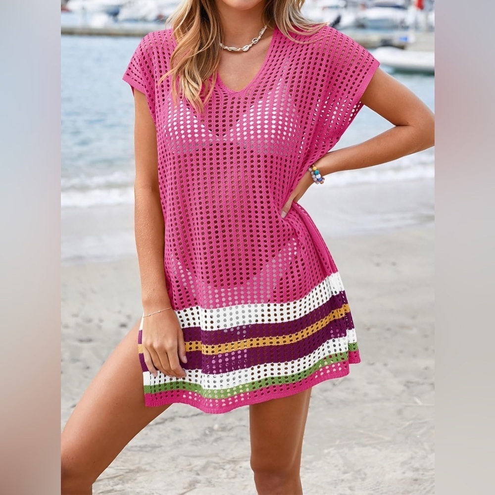 New-XL-crocheted Pink Mesh Beach Cover-Up
V Neck Swimwear  Mesh Mini Dress - Picture 5 of 6